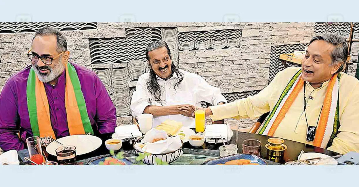 rajeev-pannyan-tharoor-ls2 Union Minister Rajeev Chandrasekhar, LDF candidate Pannyan Raveendran and sitting MP Shashi Tharoor. Photo: Manorama.