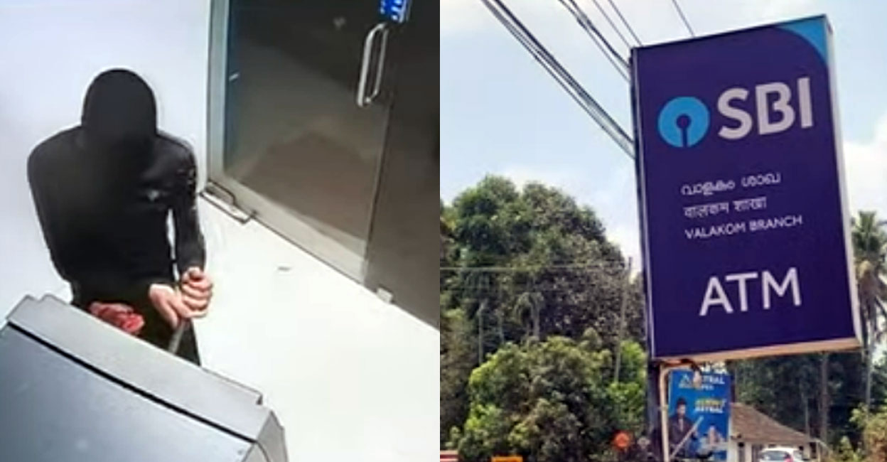A screengrab from a CCTV shows the robbery attempt (left) at the SBI ATM in Valakom, Muvattupuzha on Monday. 