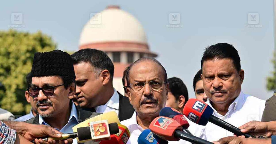 caa-muslim-league-kunhalikutty Muslim League leader PK Kunhalikutty speaks to the media after the Supreme Court considers a plea seeking a stay on CAA. Panakkad Sayyid Sadiq Ali Shihab Thangal and PV Abdul Wahab are seen beside him. Photo: Rahul R Pattom/Manorama