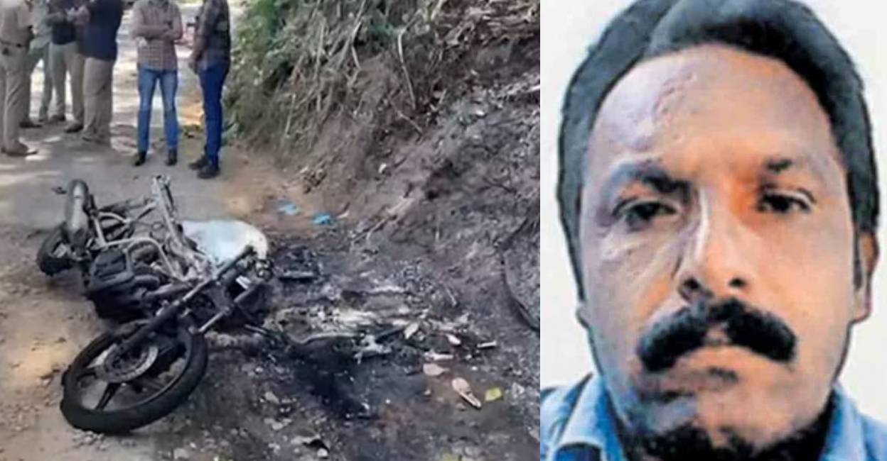Abraham's bike was found gutted in fire. Photo: Screengrab/ Manorama News
