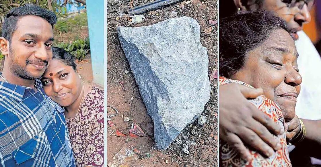 Ananthu B Ajikumar's (left) mother Bindu (right) was inconsolable on hearing the news of his death. The granite rock (centre) that fell off a tipper lorry killing Ananthu. Photos: Manorama