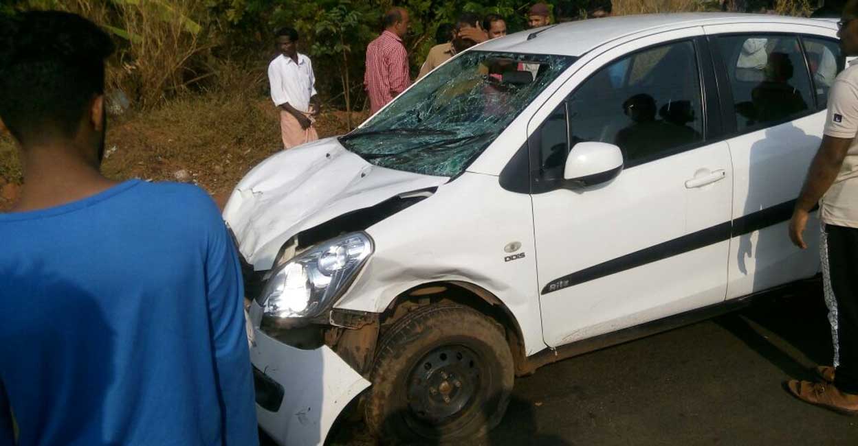The car that ploughed through people boarding a bus at Chettukundu near Kanhangad on February 1, 2017. Photo: Special arrangement