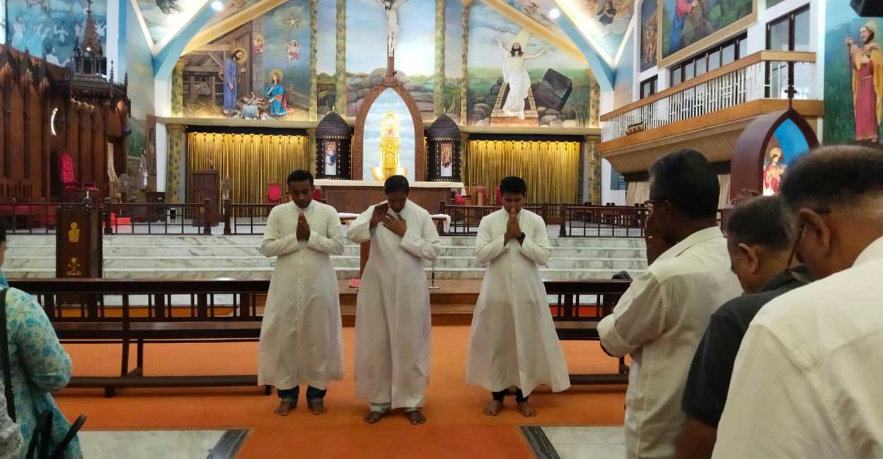 st-marys-basilica-repoened-prayer Priests and members of the laity pray inside the St Mary's Cathedral Basilica in Kochi on Tuesday. Photo: Special arrangement