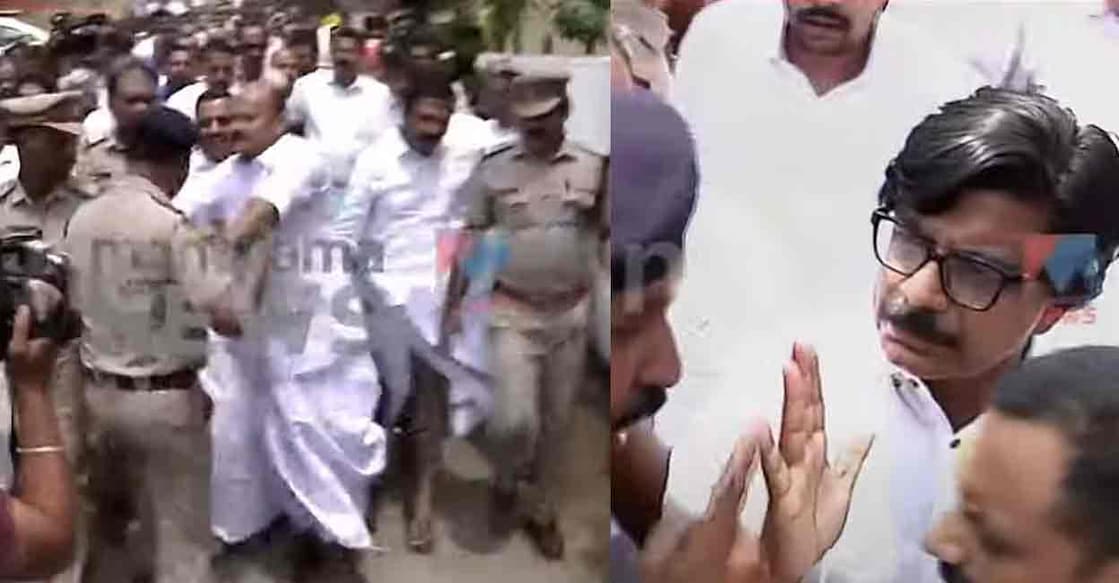 Congress leaders Mathew Kuzhalnadan and Dean Kuriakose led the protest in Kothamangalam town. Photo: Manorama News/Screen grab