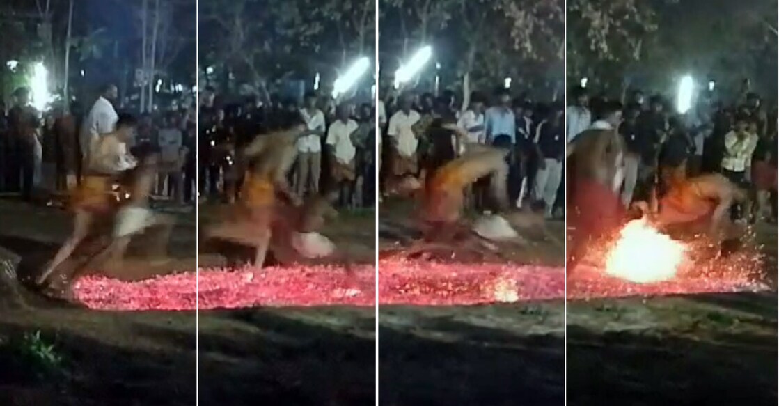 A collage of screenshots from a video showing a boy falling on burning embers during 'Kanalattam' ritual at Puthanthara Mariyamman Kovil in Melarcode near Alathur on Saturday. 