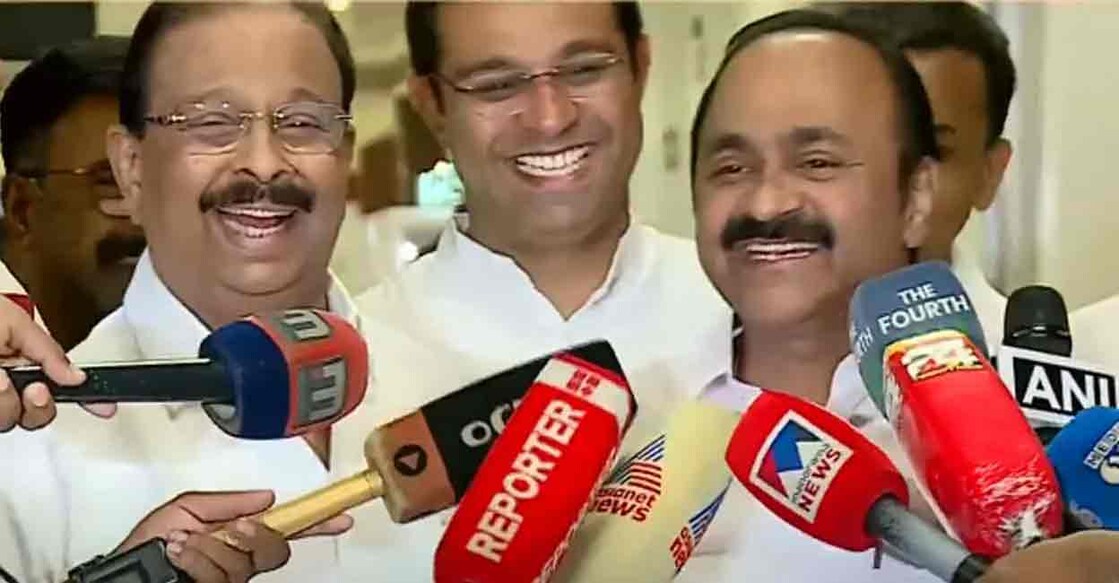 K Sudhakaran and VD Satheesan speak to the press after the announcement of the list of candidates. Photo: Manorama