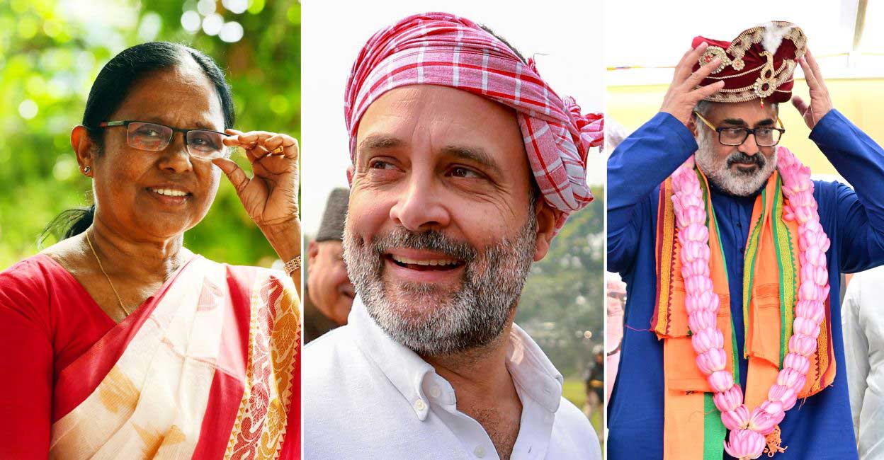 L-R: K K Shailaja is expected to give a fighting chance for the LDF in Vadakara. The survey predicts another win for Rahul Gandhi from Wayanad. NDA's star candidate Rajeev Chandrasekhar is expected to have a slight edge over LDF, but the UDF is likely to win in Thiruvananthapuram. File photos: Manorama/PTI