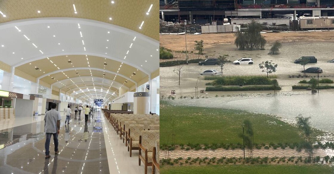 Cochi airport (left) and flooded road in Dubai (right). Photo: Manorama, Reuters
