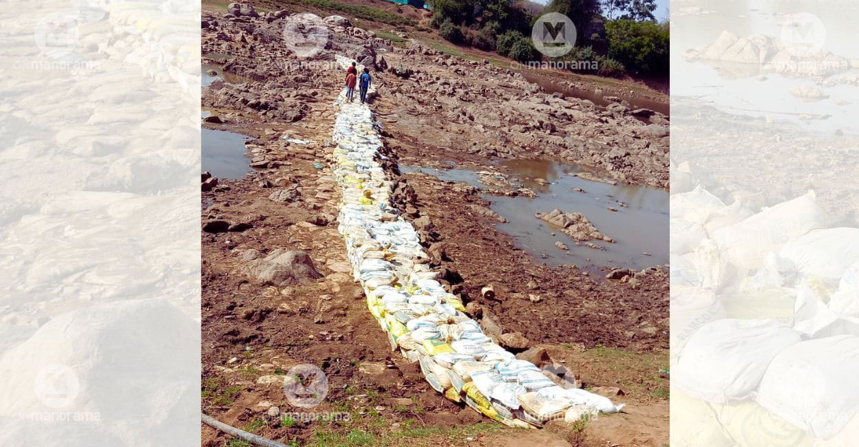 Untitled design - 1 The check dam built, across River Kabani, using sandbags is expected to arrest the water released from Karapuzha Dam 60 kilometres away. Photo: Special arrangement