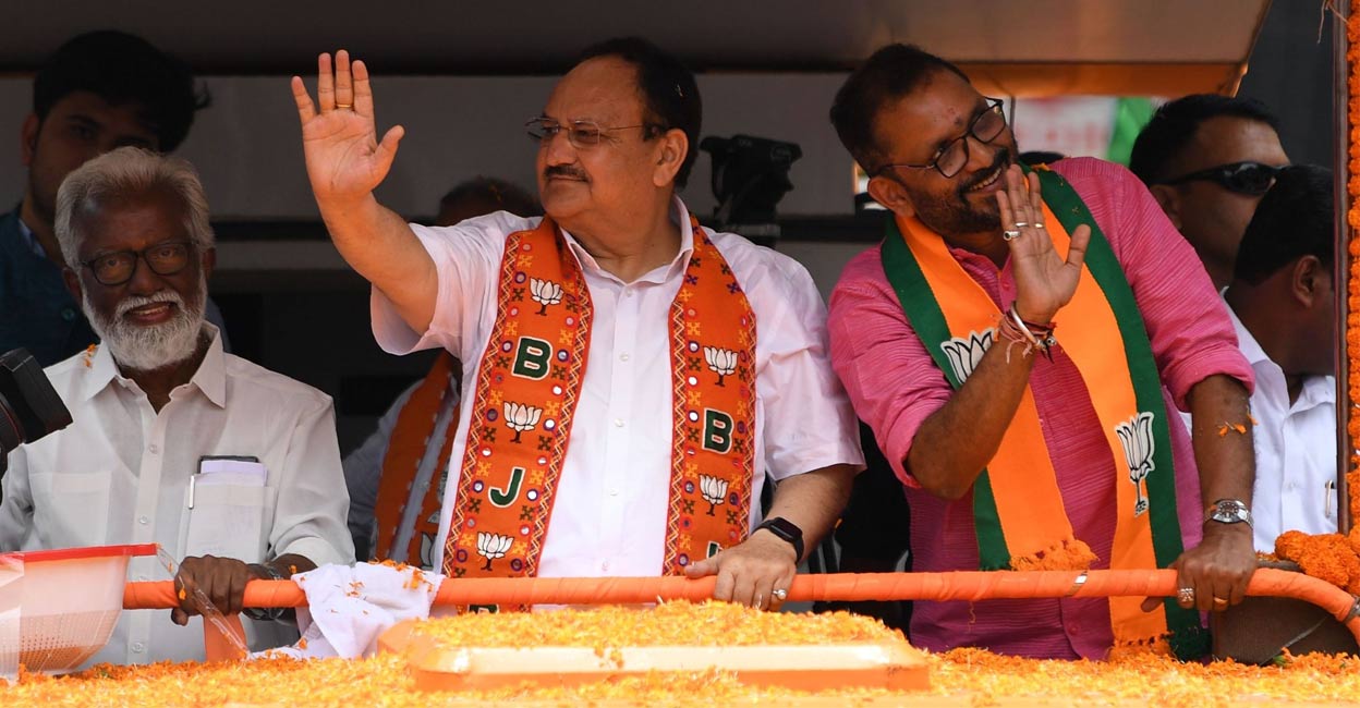nadda-kerala-ls Earlier, while addressing the gathering in Sultan Bathery, Nadda launched a scathing attack on Rahul Gandhi accusing the Congress's Wayanad Lok Sabha candidate of believing in dynastic rule, which, according to him, is detrimental to Indian democracy. Photo: Manorama.