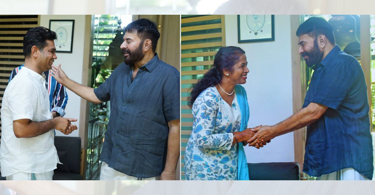 Untitled design - 1 Hibi Eden and K J Shine, UDF and LDF candidates in the Ernakulam Lok Sabha constituency respectively, met actor Mammootty at his residence to seek his support. Photos: Special arrangement