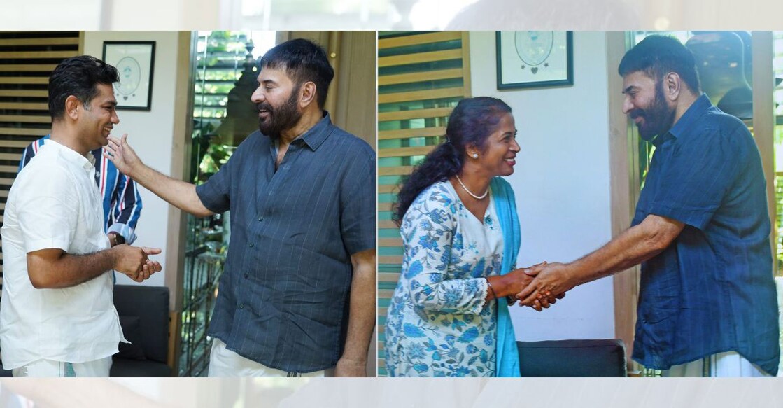 Untitled design - 1 Hibi Eden and K J Shine, UDF and LDF candidates in the Ernakulam Lok Sabha constituency respectively, met actor Mammootty at his residence to seek his support. Photos: Special arrangement
