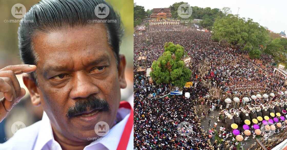 K Radhakrishnan and a view of Thrissur Pooram. Photo: Manorama 