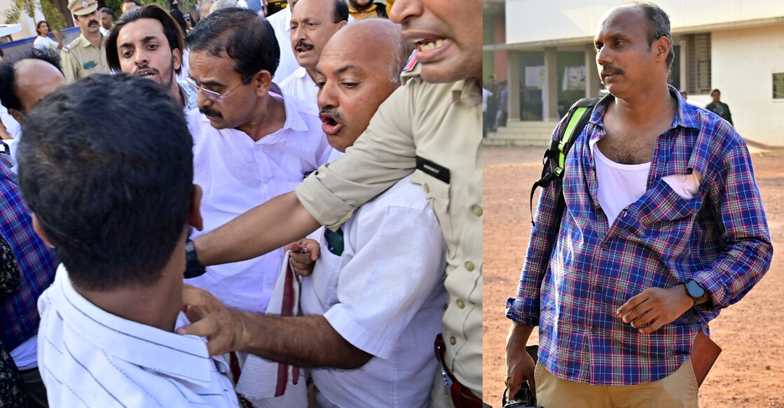 1) Udma MLA and CPM's acting district secretary C H Kunhabu being pushed and shoved by suspected IUML workers when he arrived at Government High School in Chengala, 2) Kairali News cameraman Shaiju Pilathara was manhandled and his shirt torn by suspected workers on IUML in Chengala on Friday. Photos: Special arrangement. 