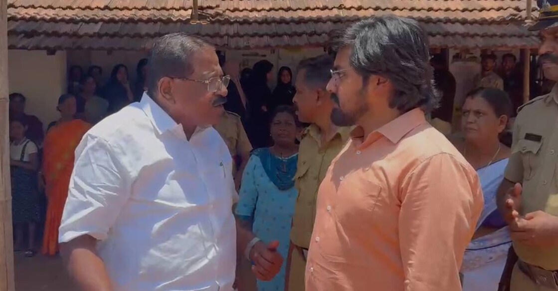Kasaragod's Congress candidate Rajmohan Unnithan argued with assistant collector Dilip K Kainikkara in a booth at Payyannur. Photo: Screengrab/ Special arrangement.