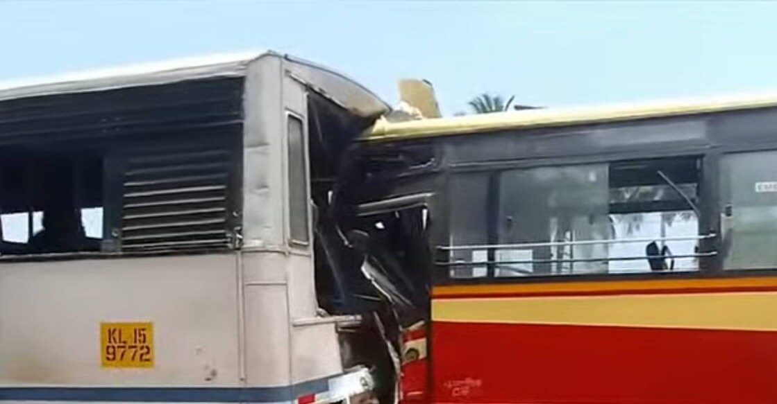 The accident took place when a Kollam-bound superfast bus hit an ordinary bus from behind. Photo: Screengrab/ Manorama News