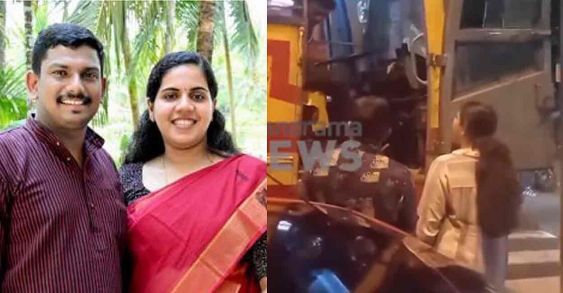 MLA Sachin Dev and Thiruvananthapuram Mayor Arya Rajendran; Screen grab of mayor arguing with driver. Photos: Manorama News