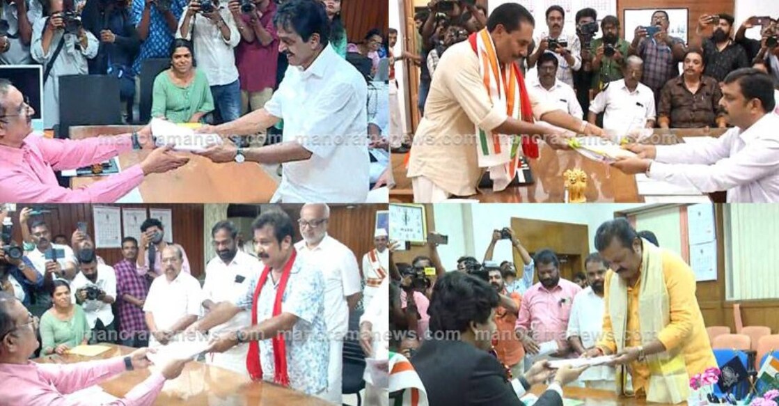 ls-polls-candidates-nomination-c Major candidates like Suresh Gopi, KC Venugopal and Arif submitted their nomination on April 3. Photo: Manorama News