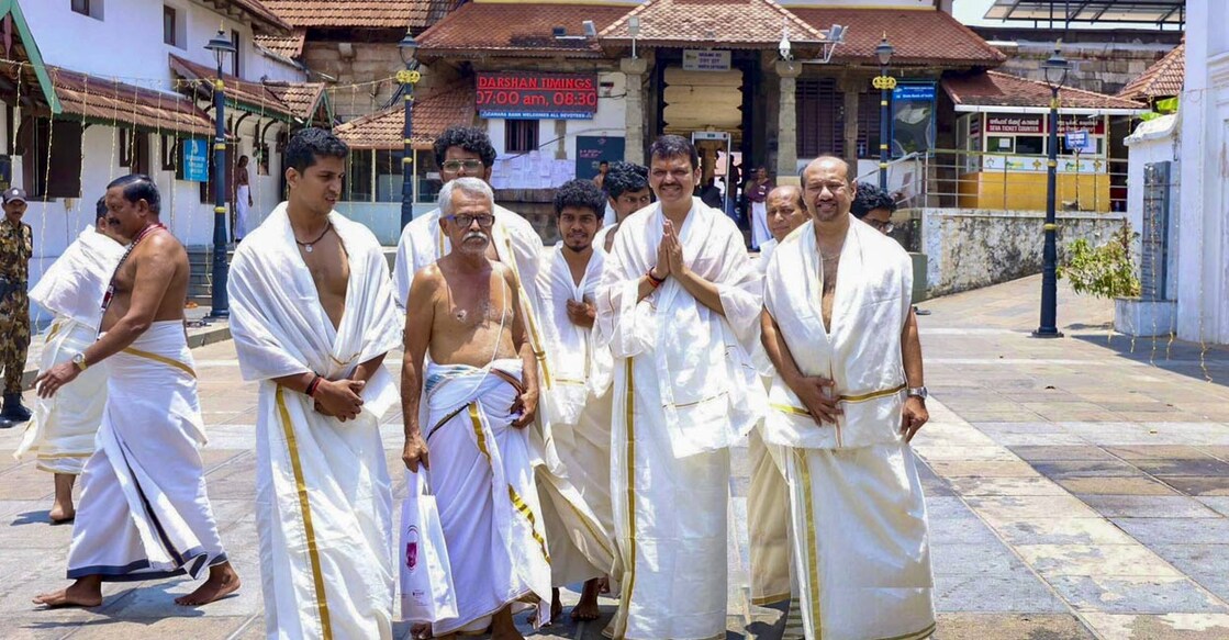 Maharashtra Dy CM Devendra Fadnavis during a visit to Sree Padmanabhaswamy Temple, in Thiruvananthapuram, Kerala, Sunday, April. 7, 2024. Photo: PTI. 