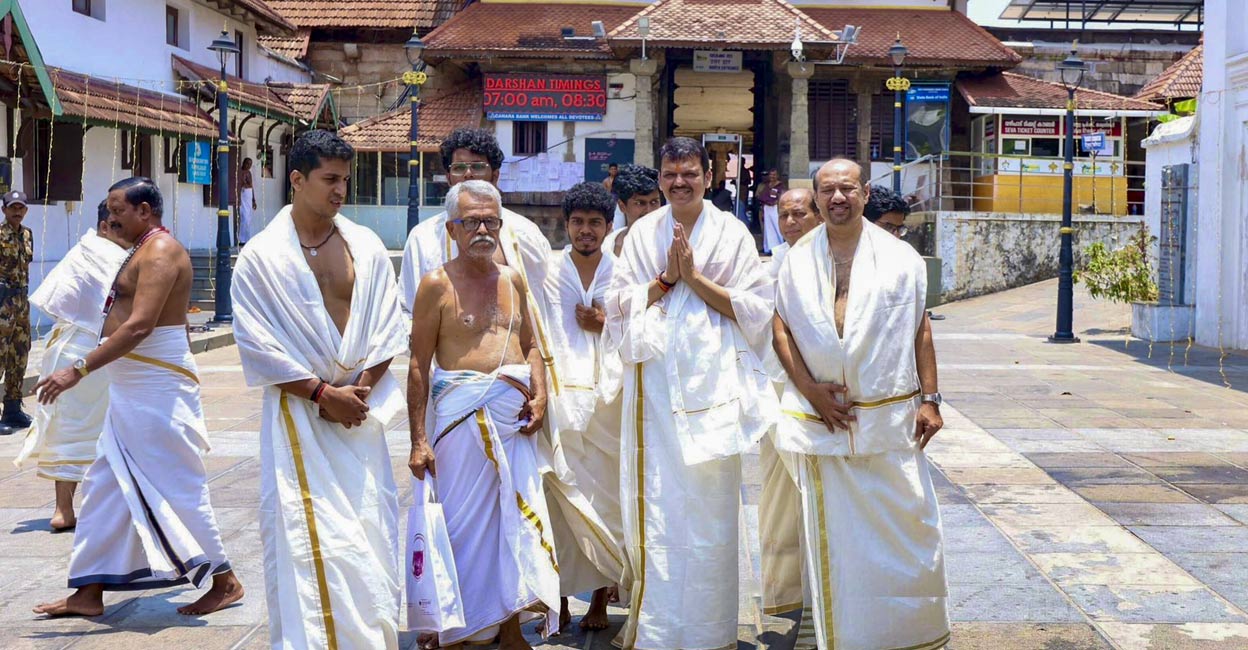 Maharashtra Dy CM Devendra Fadnavis during a visit to Sree Padmanabhaswamy Temple, in Thiruvananthapuram, Kerala, Sunday, April. 7, 2024. Photo: PTI. 