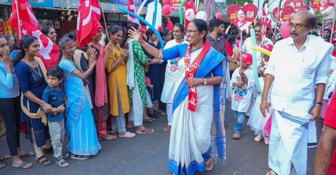 shailaja-vadakara-campaign K K Shailaja greets voters during election campagin. Photo: Facebook/ KK Shailaja Teacher