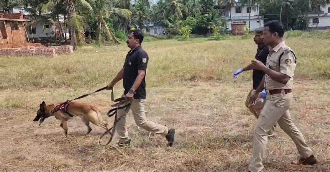 Tyson - the Belgian Malinois tracker in the K9 Force - was pressed into service and he sniffed his way to a spot where his handlers found a Rs 50 note and a Rs 10 note. Photo: Special Arrangement