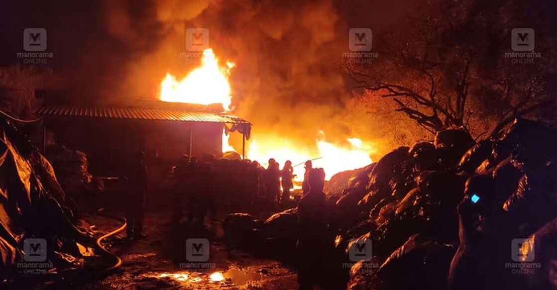 The fire brigade and police reached the scene and are working to quell the flames. Photo: Manorama Online.