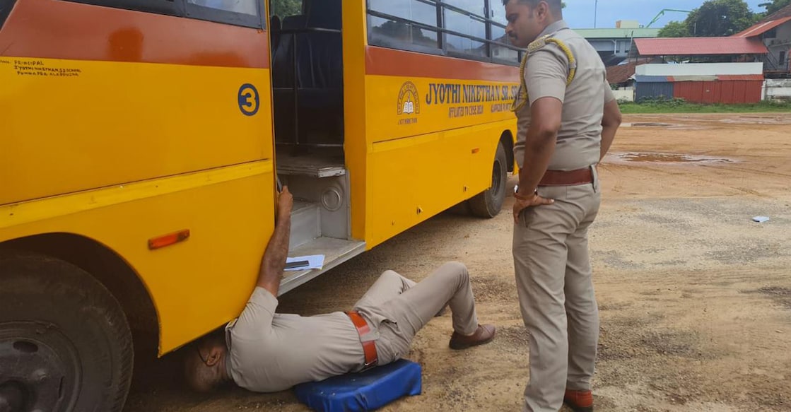 School bus inspection in progress at Recreation Ground, Alappuzha, on Wednesday. Photo: Special Arrangement.
