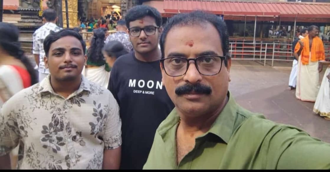 P Sivakumar and his sons Sarath S Menon and Sourav clicked a selfie from Mookambika temple in Kollur. Photo: Special Arrangement