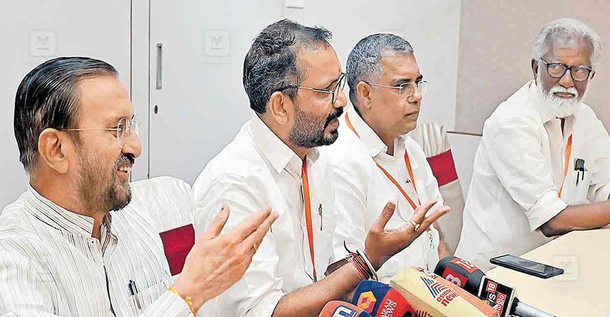 Prakash Javadekar, K Surendran, AP Abdullakutty and Kummanam Rajashekharan meet the press after BJP meet in Thiruvananthapuram. Photo: Manorama