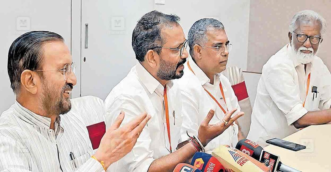 Prakash Javadekar, K Surendran, AP Abdullakutty and Kummanam Rajashekharan meet the press after BJP meet in Thiruvananthapuram. Photo: Manorama