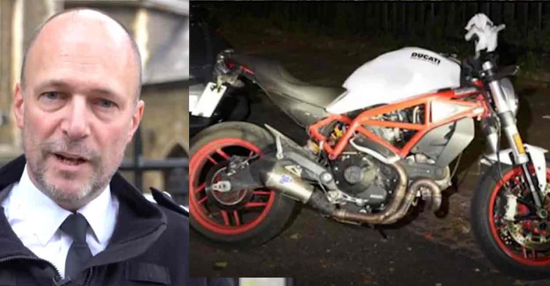 Photo 1: Detective Chief Superintendent James Conway, local policing lead for Hackney and Tower Hamlets; Photo 2: Image of a red motorbike from which the offender fired at the victims. Photo: Metropolitan Police/X