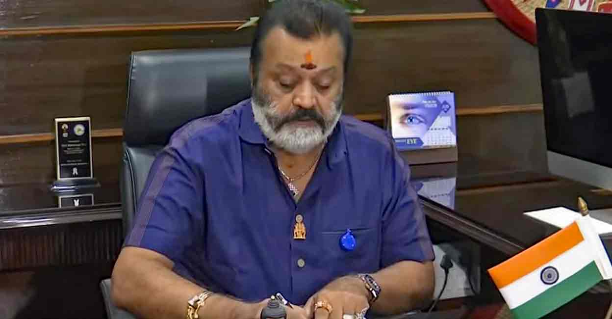 Suresh Gopi takes charge as Minister of State in the Ministry of Petroleum and Natural Gas. Photo: Screengrab/Manorama News