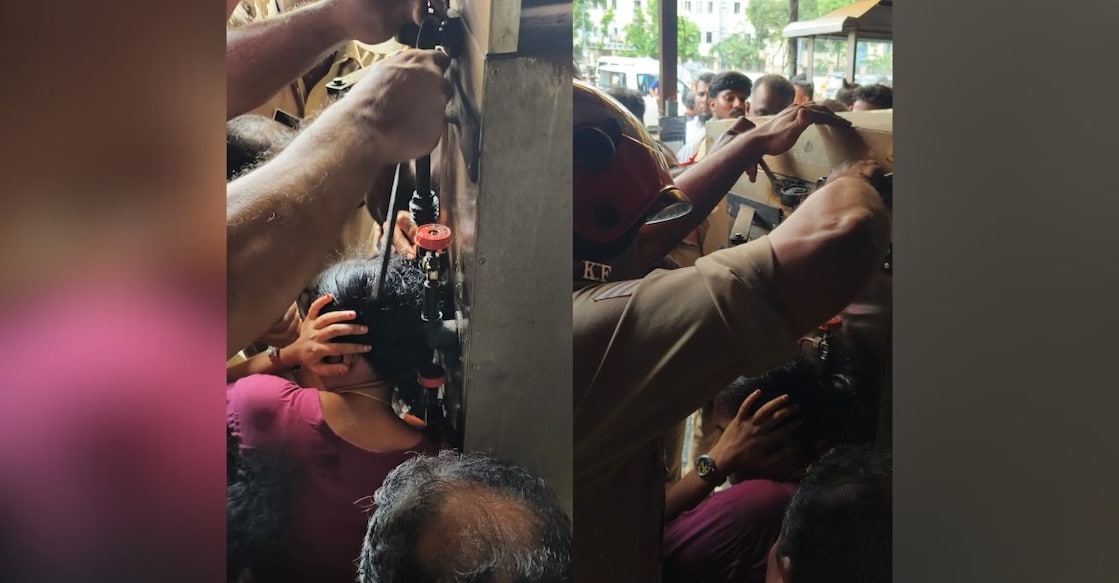 shawarma-machine-hair-entangled.jpg The fire safety team reached the restaurant and initially tried to dismantle the machine. However, it proved difficult and the woman was in pain. Later they cut the hair of the woman. Photo: Special Arrangement