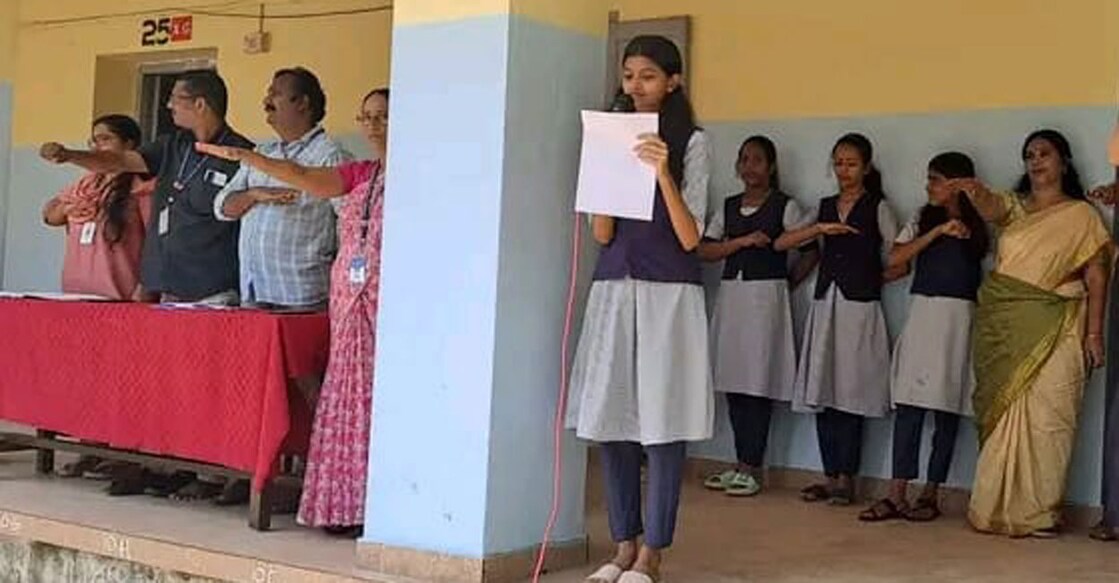 Students and teachers take a pledge during a special assembly held at Aravukad Higher Secondary School in Alappuzha on Friday. Photo: Special arrangement