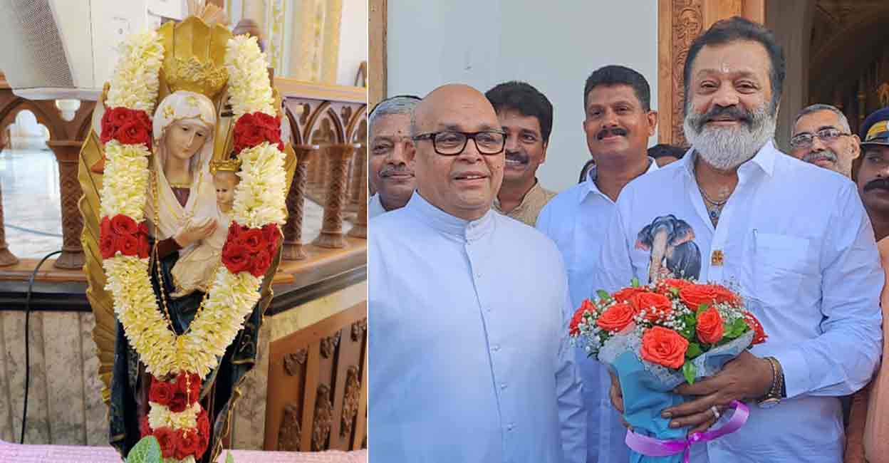 After offering the golden rosary, Suresh Gopi prayed at the Lourdes Metropolitan Cathedral. Photo: Special arrangement