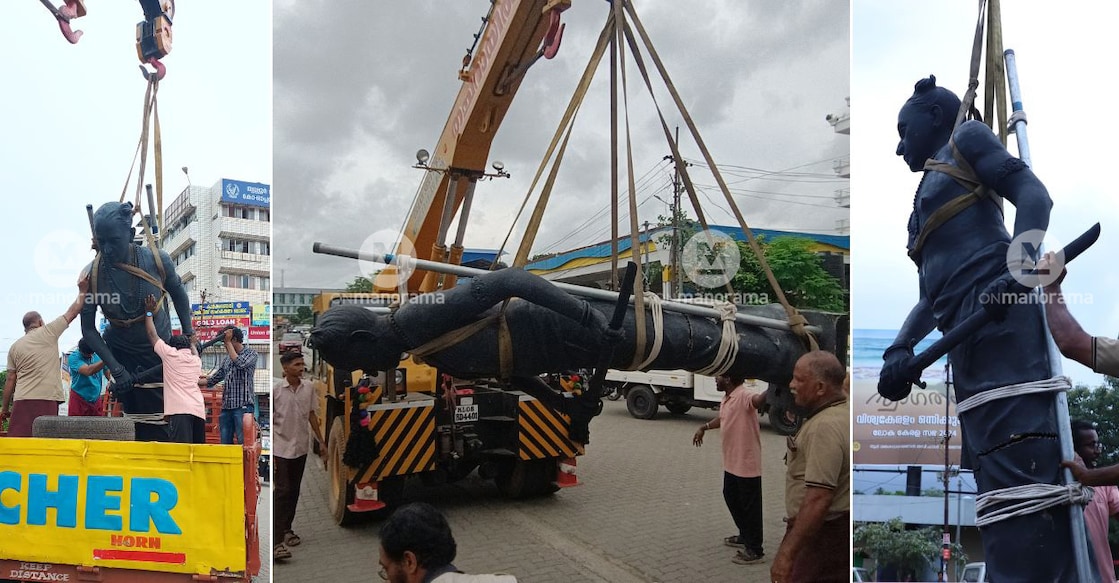The process of securing the statue of Sakthan Thampuran on the back of a truck in Thrissur on Tuesday. Photo: Special arrangement