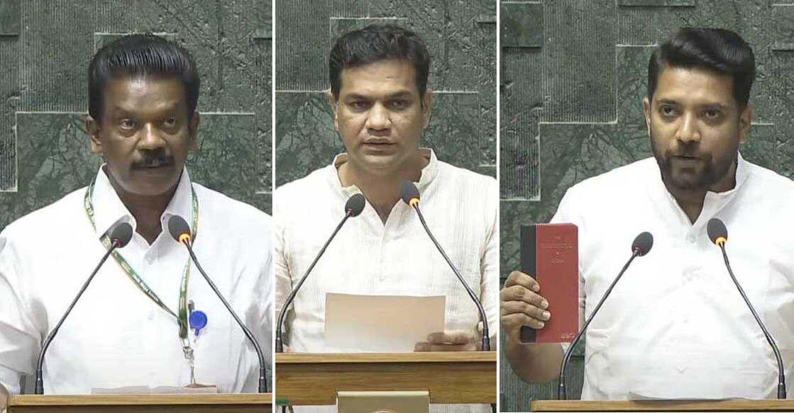 K Radhakrishnan, Hibi Eden and Shafi Parambil taking oath as MPs in the Lok Sabha on Monday. Photo: Screenshots/YouTube@sansadtv