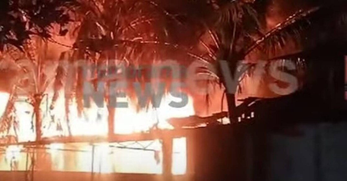 The plastic godown caught fire in the wee hours of Tuesday. Photo: Screengrab/ Manorama