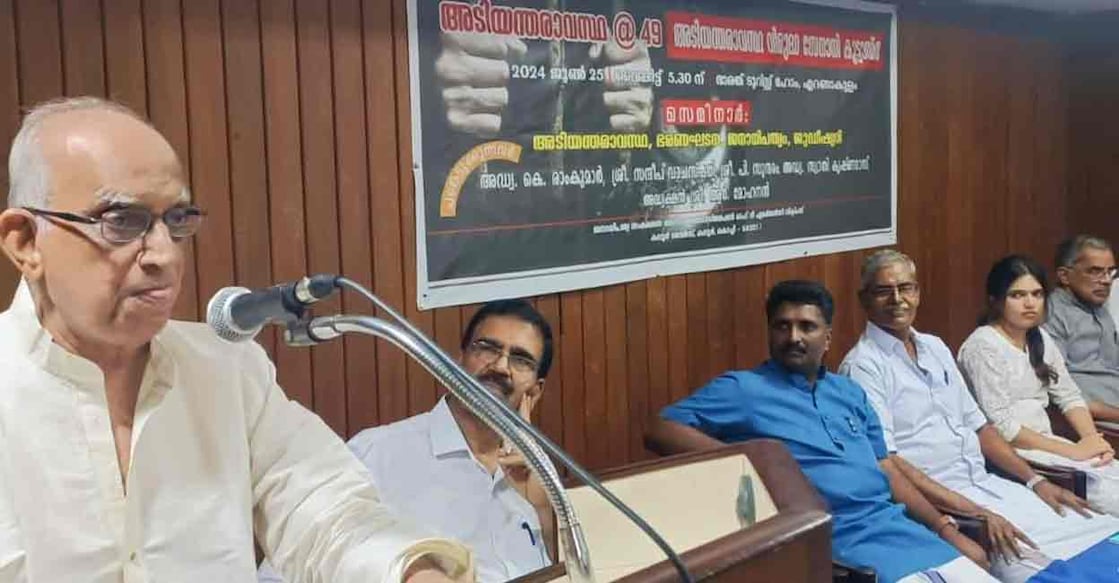 pro-rss-emergency-victims Senior lawyer K Ramkumar inaugurates a meeting of the Emergency victims in Kerala in Kochi on Tuesday. Photo: Special arrangement