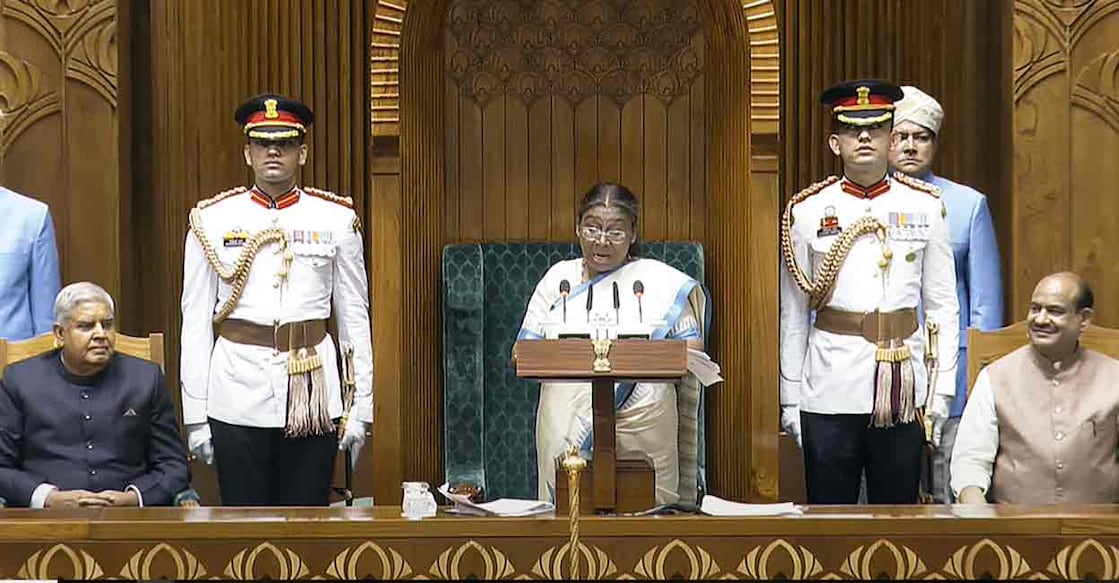 President Droupadi Murmu addresses the joint sitting of the Lok Sabha and Rajya Sabha, in New Delhi, Thursday, June 27, 2024. Vice President Jagdeep Dhankhar and Lok Sabha Speaker Om Birla are also seen. Photo: PTI