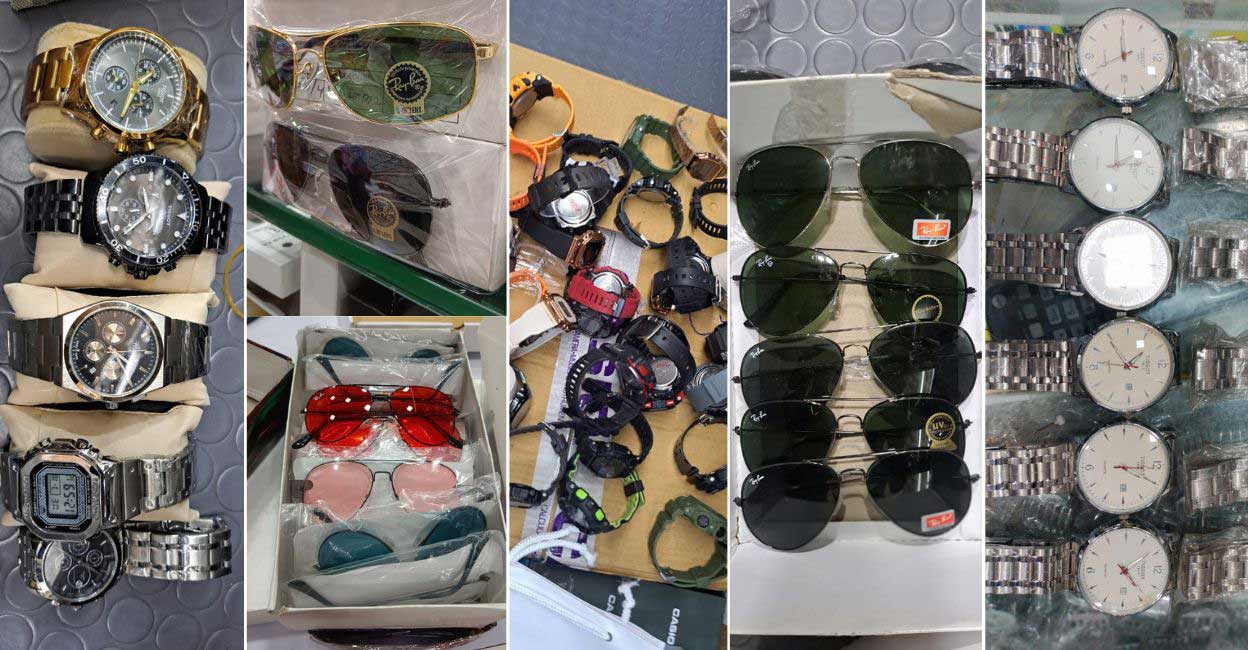Untitled design - 1 Some of the watches and sunglasses seized from wholesale dealerships in Kochi and Tirur. Photos: Special arrangement