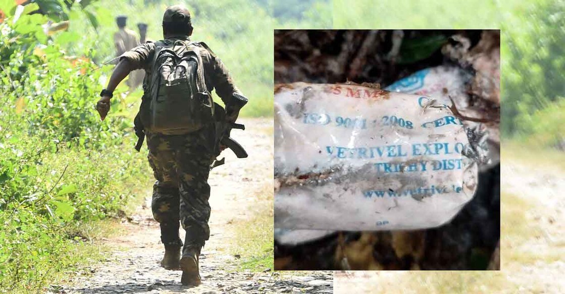 A steel container (inset) filled with lethal explosives was recovered along with gelatin sticks and detonators. File photo: Manorama