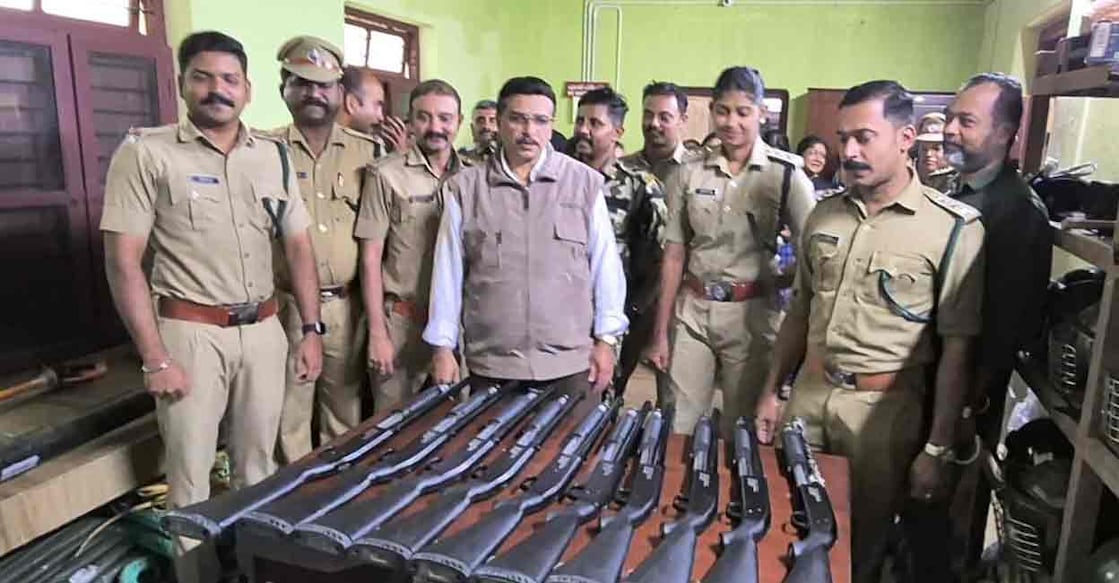firepower-wayanad-forest North Wayanad DFO Martin Lowell dispalying the '12 bore rifles' at the DFO office at Mananthavady, Wayanad. Photo; Special arrangement