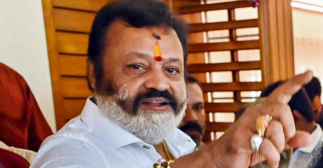 BJP candidate from Thrissur constituency Suresh Gopi celebrates as he leads in the Lok Sabha elections on the day of counting of votes, in Thiruvananthapuram, Tuesday, June 4, 2024. Photo: PTI