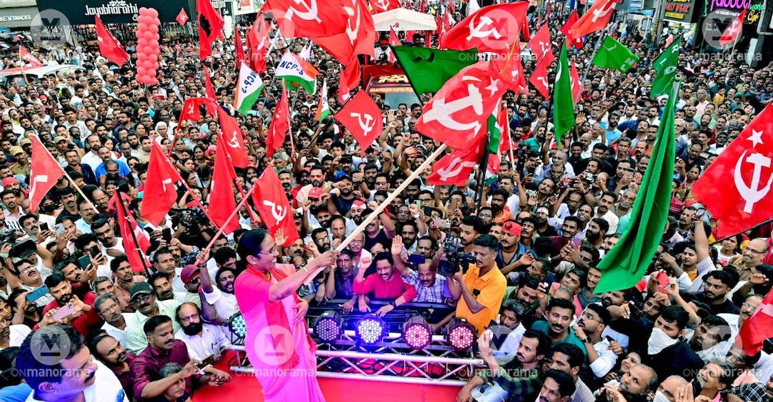 K K Shailaja during a campaign in Vadakara. Photo: Manorama