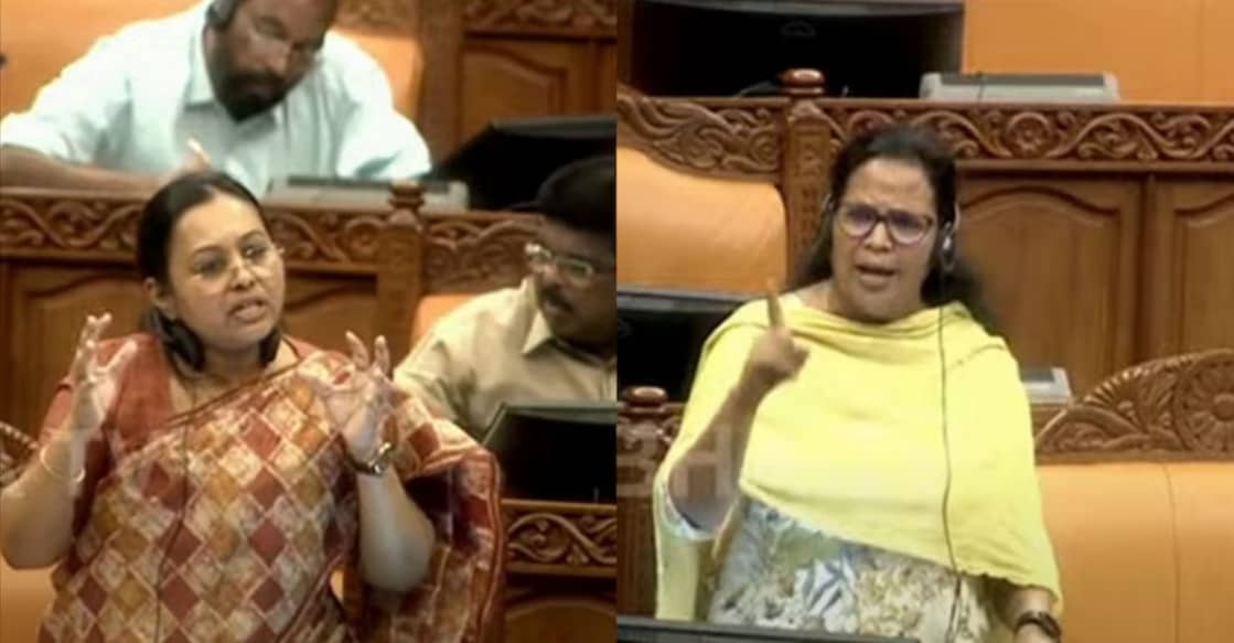 Health Minister Veena George and Vadakara MLA KK Rema engaged in a war of words in the Assembly. Photo: Screengrab/Sabha TV 