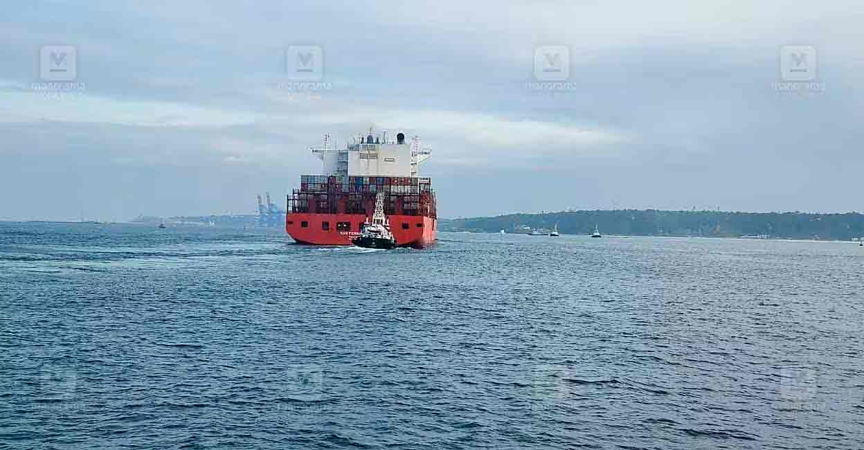 First container ship 'San Fernando' arrives at Vizhinjam on July 11, 2024. Photo: RS Gopan/Manorama