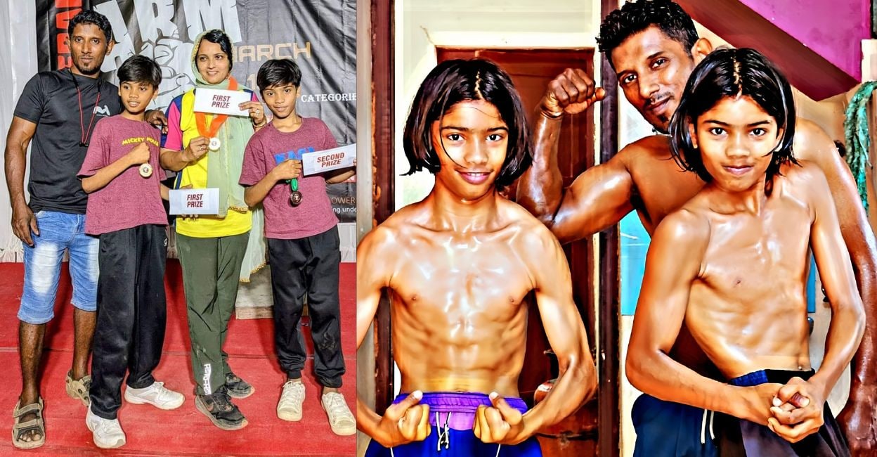shoukathali-arm-wrestling-1.jpg For Shoukath and his wife Najmunnisa and their twin boys Mohammed Irfan, Mohammed Sharfan and the little Nafeeza Irine, arm wrestling is a family affair. Photo: Special Arrangement