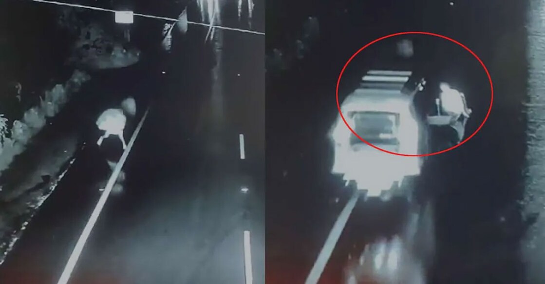 Screengrab from CCTV footage shows the man fall onto the road (left) and being hit by a vehicle.